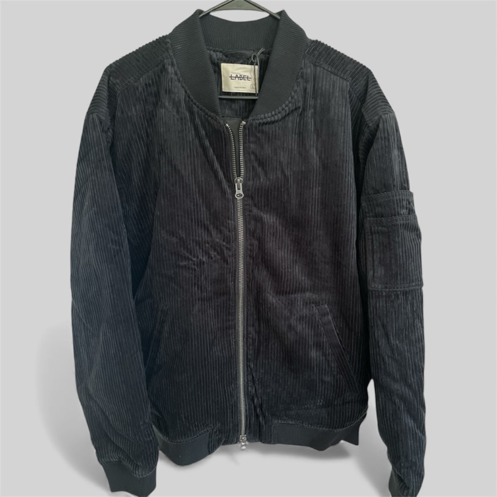 Label NEW Corduroy Bomber Go-To Black Black Jacket, Men’s Sz L - Picture 2 of 7